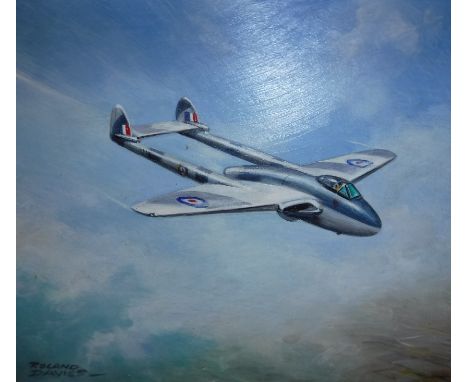 ROWLAND DAVIES "De Havilland Venum", oil on board, signed lower left, approx 24 cm x 29 cm, together with ALAN FEARNLEY "Buil