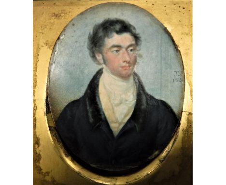 J B "Gentleman in White Stock and Blue Overcoat with Black Velvet Lapels", miniature portrait study, oil on ivory, monogramme