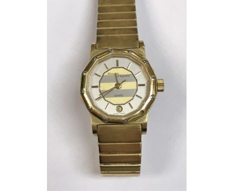 A Mougin &amp; Piquard Ladies gold plated cased wristwatch with two colour dial and date aperture, together with a Mougin &am