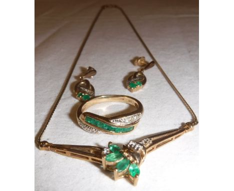 A 9 carat gold emerald and diamond set ring, size Q, together with a 9 carat gold emerald and diamond set necklace and a simi