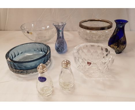 An Orrefors faceted glass bowl, together with a Bohemia crystal bowl, a Caithness vase, Royal Doulton glass salt and pepper, 