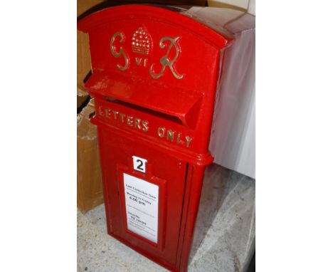 A modern vintage style red painted post box inscribed "GVI R Letters Only"  Size approx 59cm high x 30cm wide