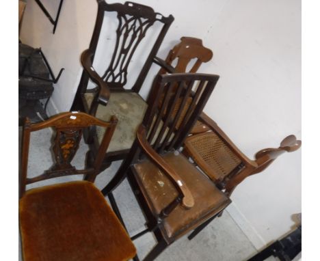 A mahogany framed provincial Chippendale style dining chair, an upholstered salon chair, a mahogany slat back elbow chair, tw