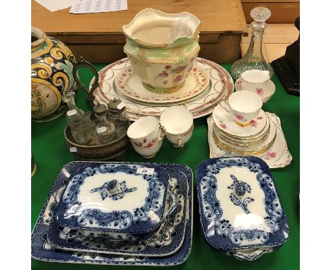 A collection of china wares to include a Royal Stafford "Evesham" part tea service, two blue and white transfer decorated tur