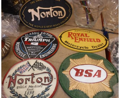 A collection of five reproduction "vintage" British motorcycle signs in painted metal including "The Unapproachable Norton...