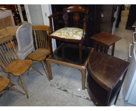 A 19th Century corner wash stand, an Ewardian mahongany and inlaid salon chair, a plant stand, three stick back chairs and a 