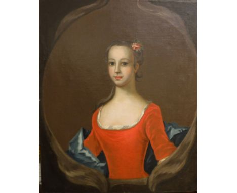 19TH CENTURY ENGLISH SCHOOL "Portrait of a Young Lady in Red Dress with Blue Shawl", oil on canvas, unsigned, approx 76 cm x 