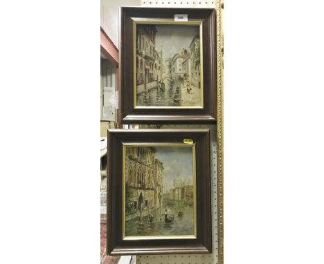 K YOUNG "Venetian Backwaters with Gondolas and Figures", oil on panel signed lower right a pair  Size approx. 25cm high x 20c