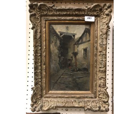 URREA JUAN PEYRO (1847-1924) "Figures in 17th Century Dress in an Alleyway of Timber Framed Buildings" oil on panel signed an