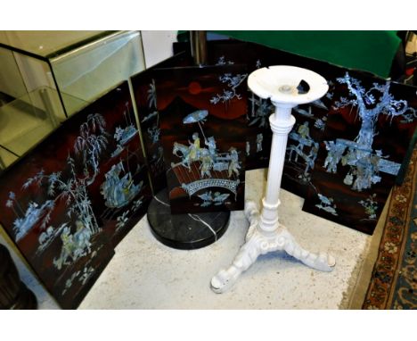 A modern five branch chrome and black painted standard lamp, a set of eight lacquered and simulated mother of pearl shibyama 