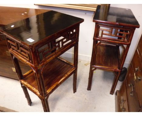 A pair of Chinese lacquered and bamboo two tier occasional tables or lamp tables, 79 cm high x 46 cm x 33 cm CONDITION REPORT