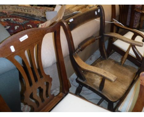 A composite set of nine provincial Chippendale style dining chairs various and an Oxford bar back kitchen chair CONDITION REP
