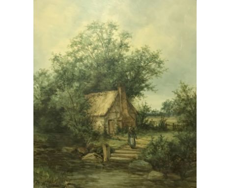 H GUMMERY "Rural scene" of woman outside a thatched dwelling, oil on panel, signed lower left together with JOS FISHER "Portr