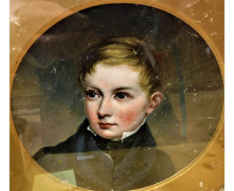 19TH CENTURY ENGLISH SCHOOL "Portrait of a Young Man with Blue Overcoat and Black Cravat", oil on board, unsigned CONDITION R