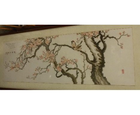 KOREAN SCHOOL "Tree with blossom and finches" inscribed top left "To Mr Clive M Beck friend of Korea from K W Lee June 25th 1