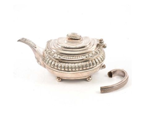 Siver teapot, Rebecca Emes &amp; Edward Barnard, London 1816, scrolled and gadrooned outlines, handle detached, lacking insul