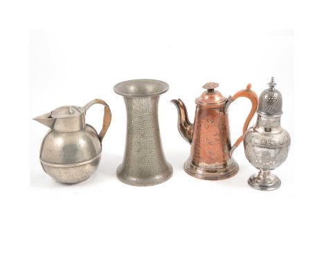 Old Sheffield plate coffee pot; Britannia metal teapot; hammered pewter teaset; and other pewter wares.