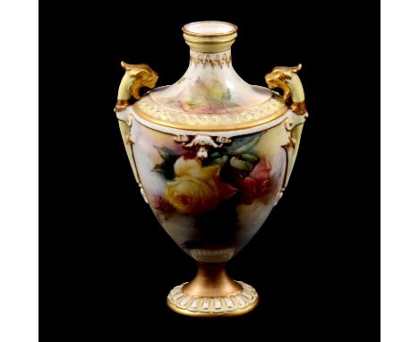 A Royal Worcester Hadley Ware porcelain vase, twin-handled, painted with Hadley Roses, 14.5cm, no cover.Condition report:The 