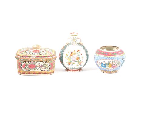 Chinese ceramics; including charger, 37cm diameter, bowl, moon-flask, 19cm high; dish and cover, and a squat vase.Qty: 5Condi