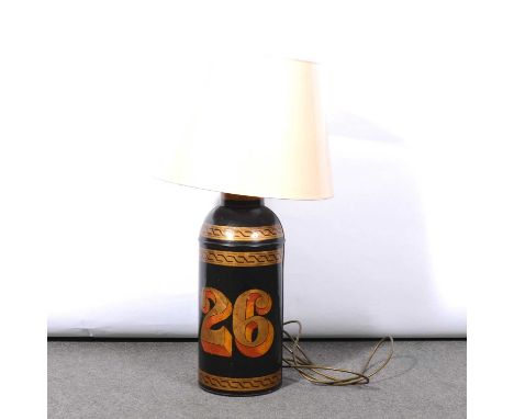 Toleware tea canister adapted to a table lamp, painted numerals '26', cream silk shade, height including fitting 61cm.