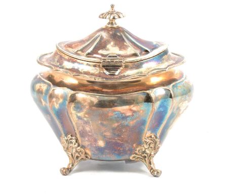 A silver tea caddy, James Dixon &amp; Sons Ltd, Sheffield 1902, lobed oval form, on four scroll feet, approx. 10oz.