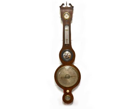 Victorian rosewood banjo barometer, swan neck pediment, silvered dials and a mirror, 98cm.