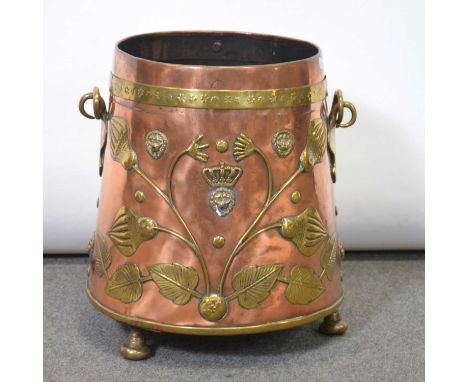 Victorian copper and brass coal bin, tapering conical copper body mounted with brass lion masks, flower heads, and straps, ra