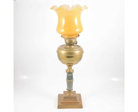 Victorian oil lamp, moulded glass shade and chimney, brass reservoir, pottery column on a square plinth, 68cm.