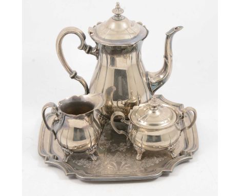 A three-piece silver-plated coffee set, comprising coffee pot (25.5cm), milk jug and lidded sugar bowl; a silver-plated tray,