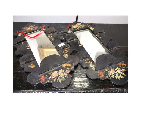 Pair of Victorian paper mache framed wall mirrors, shaped outlines, folding shelves, rectangular glass, 56x27cm.Qty: 2Conditi