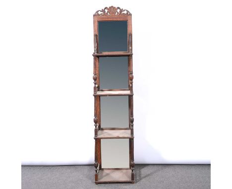 Victorian oak whatnot, carved pediment, four shelves with turned supports, mirror backed, width 30cm, depth 23cm, height 131c