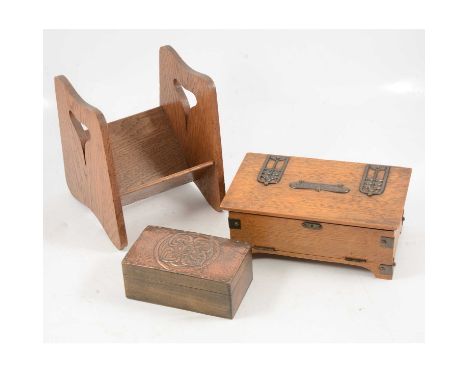 Arts &amp; Crafts style oak card box, "Bridge", 23cm, trinket box with ambossed lid and an oak book rack.Qty: 3Condition repo