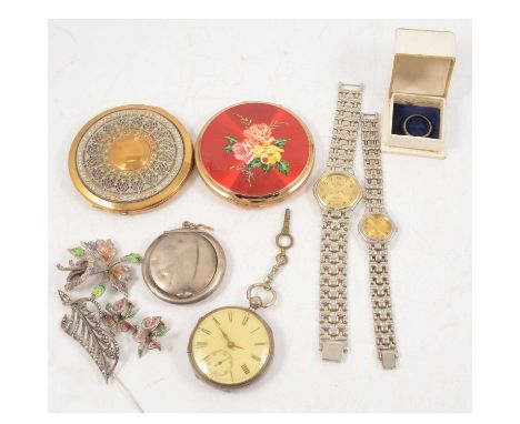 A silver pocket watch, with key; a silver compact; a white metal ring with some colourless stones, marked SILVER; a pair of g