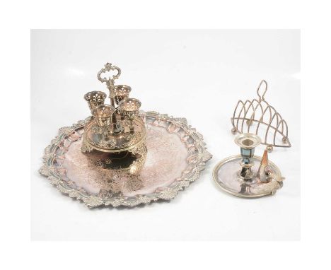 Set of six silver seal-top coffee spoons; and a collection of plated wares, including circular tray, egg cruet, chambers stic