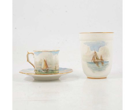 A Royal Crown Derby beaker, cup and saucer, painted sailing boats at sea design, all signed W E J Dean, beaker 10.5cm.Qty: 3C