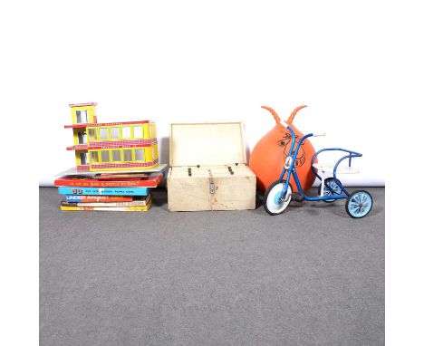 Vintage toys and games, including Space Hopper, Meccano, Mettoy garage, Tricycle, and boardgames