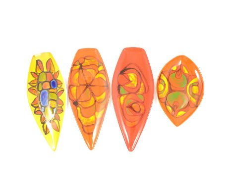 Three Poole Pottery Delphis pattern spear plates, orange, yellow and red grounds, 43cm; and a tear drop plate, 30cm.Qty: 4Con