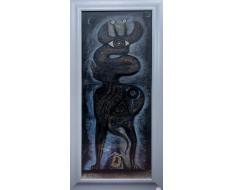 mixed media on board, signed, titled and dated 1996 verso framed and under glass  image size 134cm x 56cm, overall size 150cm