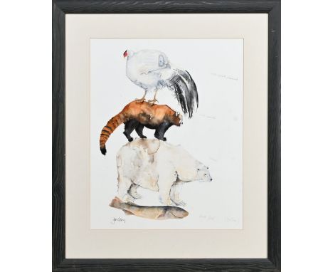 watercolour on paper, signed, titled and inscribed (White Eared Pheasant, Red Panda, Polar and Dead Fish) mounted, framed and