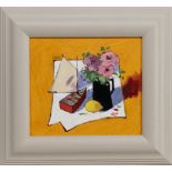 * JAMES ORR (SCOTTISH 1931 - 2019), STILL LIFE WITH RED BOAT