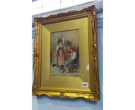 M Bernini, water colours, signed 'Young boy playing the flute with a girl at his side' 26 x18cm