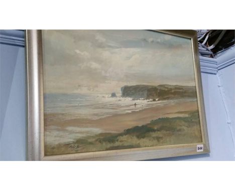 Alf O'Brien, Oil on board, monogrammed, 'Coastal view with Tom Wilkinson walking his dog' 37 x 56cm
