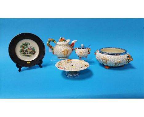A Clarice Cliff 'Celtic Harvest' teapot, marmalade pot and a fruit bowl etc.