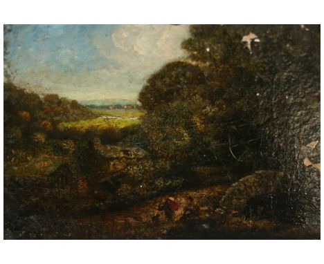 CIRCLE OF JOHN CONSTABLE, OIL ON CANVAS, Figures in Landscape, 6" x 7 1/2", unframed 