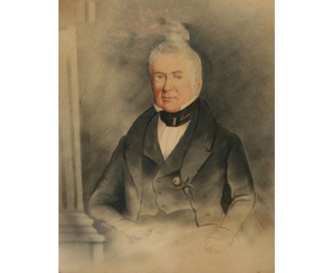 19TH CENTURY ENGLISH SCHOOL, PENCIL AND WATERCOLOUR, Half-Length Portrait of a Gent, 7 1/2" x 6" (birds-eye maple frame); tog
