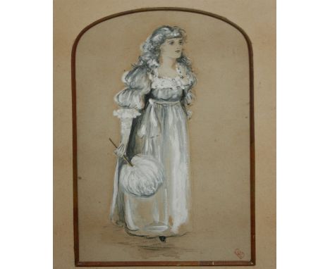 B K, MONOGRAMMED WATERCOLOUR, Full Length Portrait of a Lady 6" x 4"