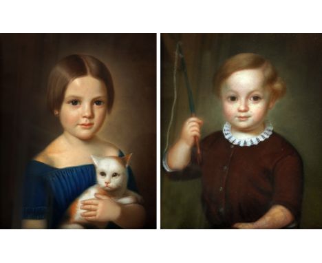 G S, MONOGRAMMED AND DATED 1853, PAIR OF PASTELS, "Portrait of Boy Holding Whip" and "Girl Holding a Ginger and White Cat", 1