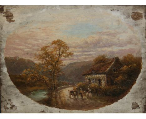INITIALLED "R" AND DATED '86, OIL ON PANEL, Country Landscape with Figures, Horse and Cart Before A Cottage, 6" x 8", unframe