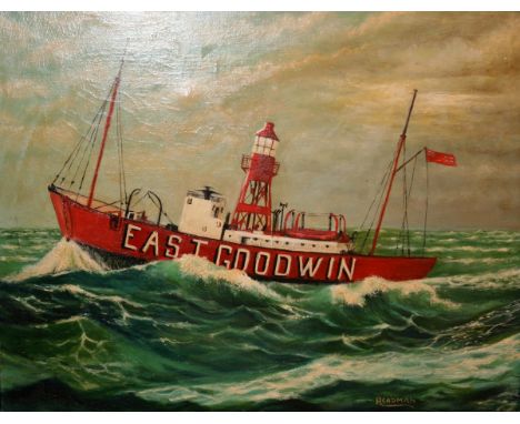 R CADMAN, SIGNED, OIL ON CANVAS, The Light Ship "East Goodwin", 14 1/2" x 18" 