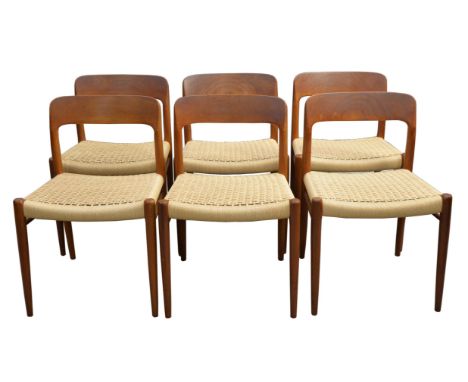 Niels Otto Moller for JJ Moller, a set of six Model 75 teak dining chairs, with paper corn woven seats, labels to seat rail f